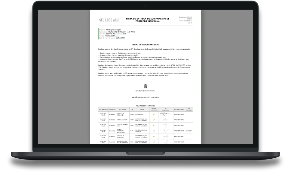Laptop onde se vê na tela a ficha de EPI digital